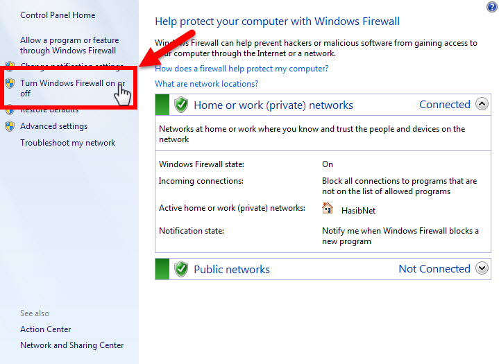 تنظمیات روشن بودن یا خاموش بودن امنیت ویندوز (Turn Windows Firewall on or off)